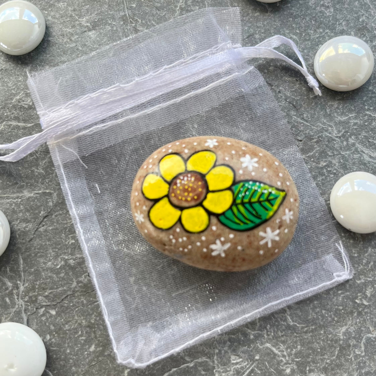 Sunflower & Leaf Hand Painted Stone