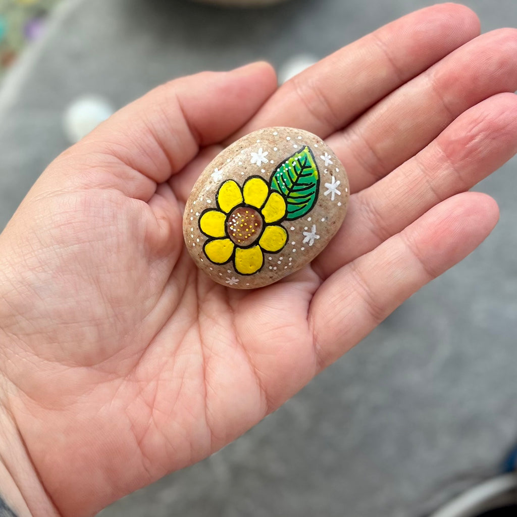 Sunflower & Leaf Hand Painted Stone