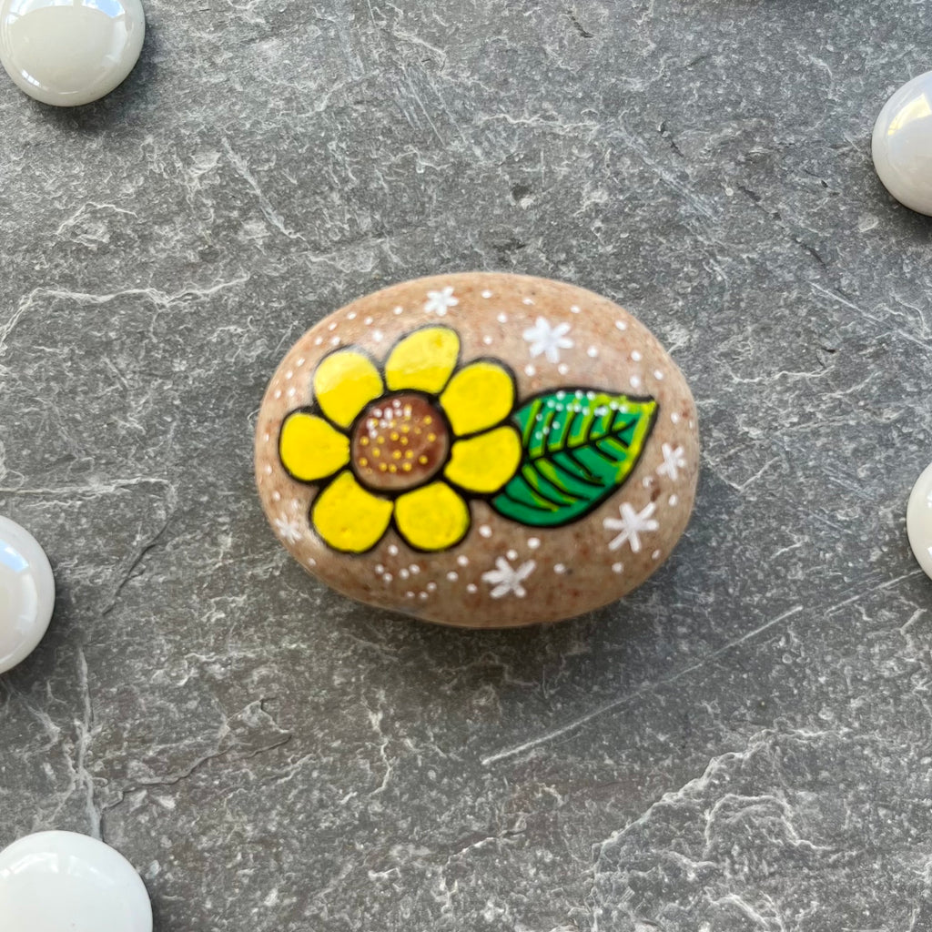 Sunflower & Leaf Hand Painted Stone