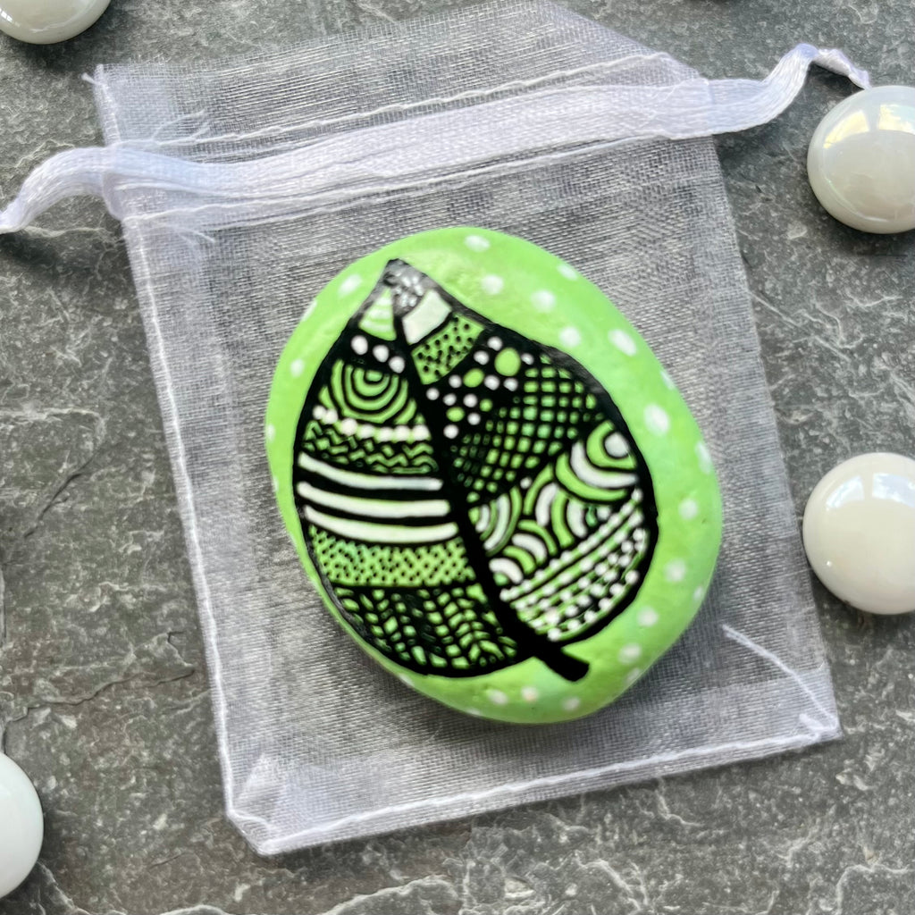 Zentangle Leaf Hand Painted Rock – Nature Art Keepsake Gift UK