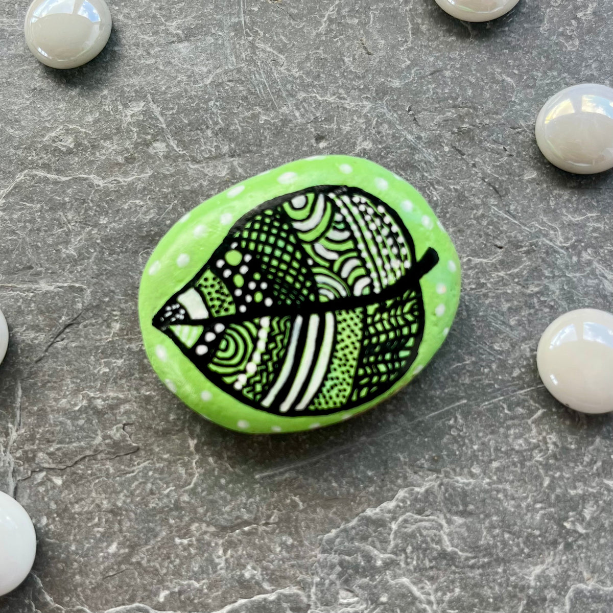 Zentangle Leaf Hand Painted Rock – Nature Art Keepsake Gift UK